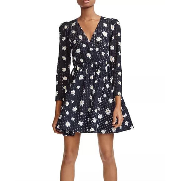 MAJE Rayom Daisy Print Eyelet Dress Black White Long Sleeve Crossover V-Neck 1 - Picture 1 of 12